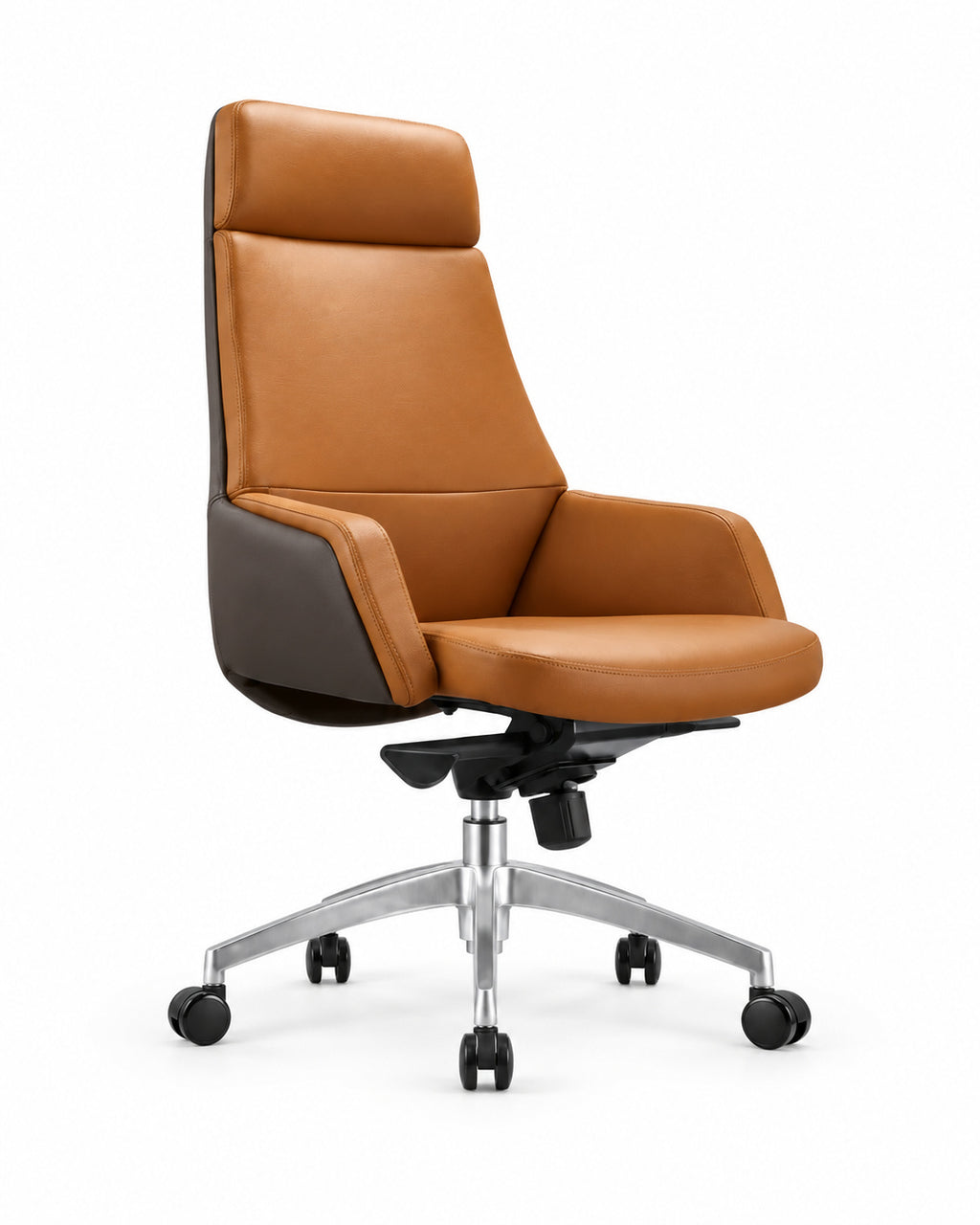The Strategist Office Chair, cognac PU leather, front three-quarter view on white