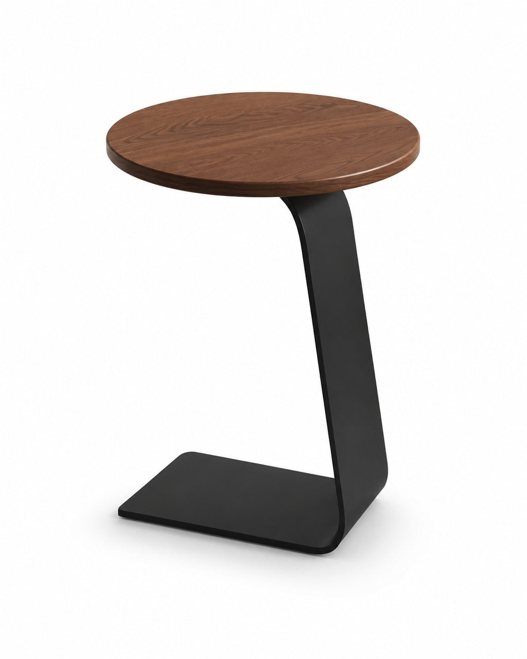 Modern C-Shaped Side Table in Walnut Wood with Black Frame on White Background