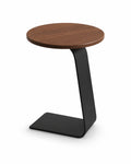 Modern C-Shaped Side Table in Walnut Wood with Black Frame on White Background