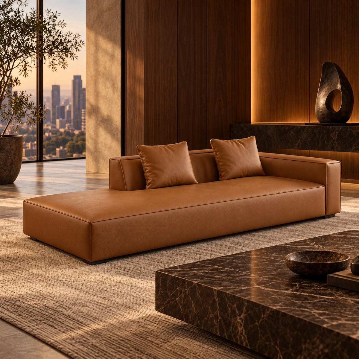 Caramel modular silicone leather sofa in a walnut and stone living room