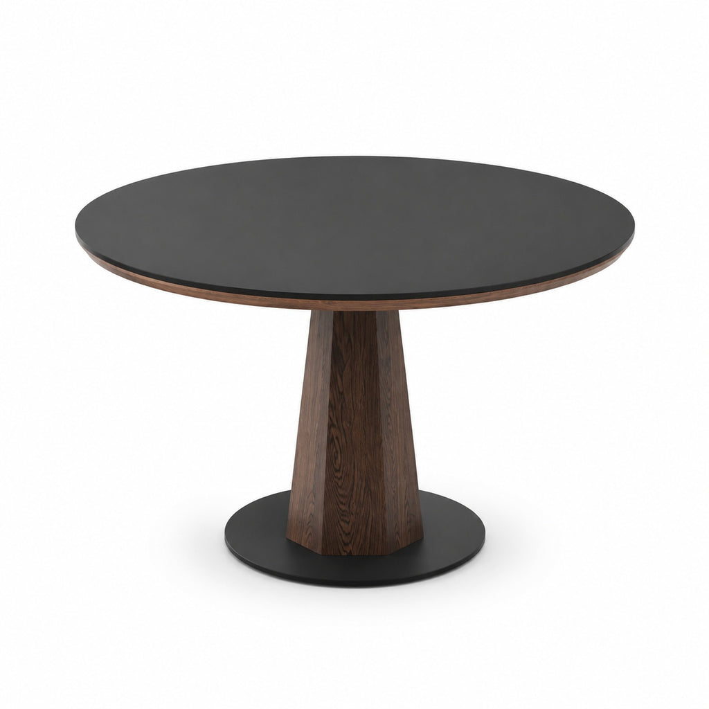 Walnut Sintered Stone Round Dining Table Elevated View on White Background