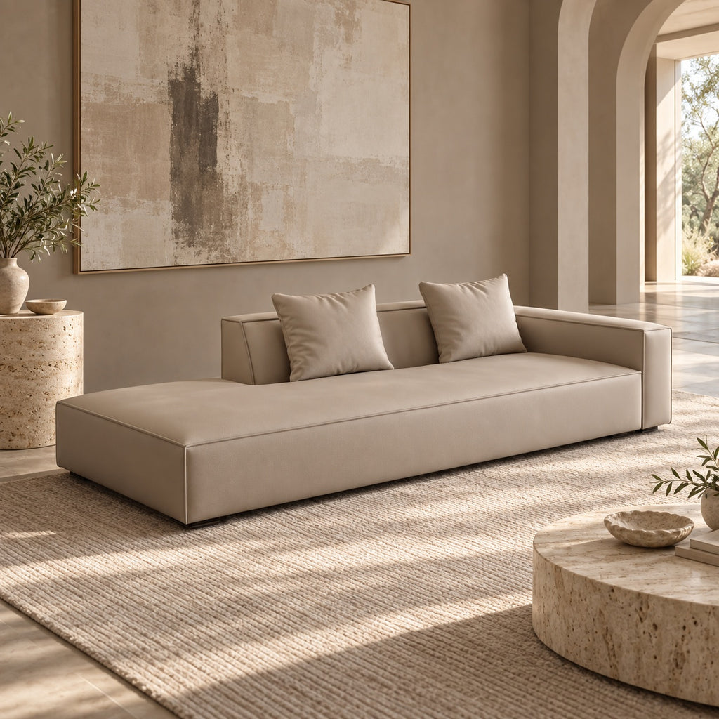 Greige modular silicone leather sofa in a quiet architectural residence