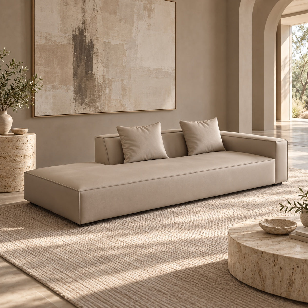Greige modular silicone leather sofa in a quiet architectural residence