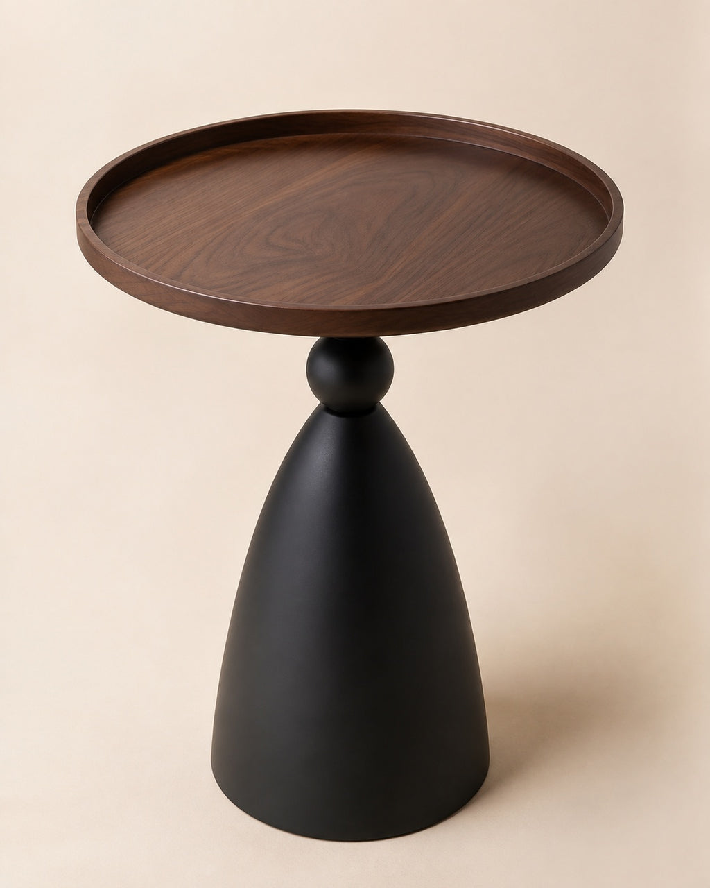 Recessed Walnut Tray Detail on Black Pedestal Side Table