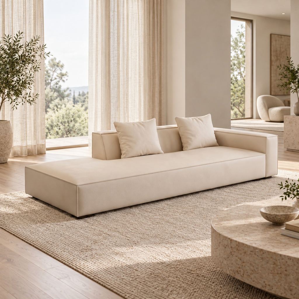 Oatmeal modular silicone leather sofa in a bright modern home