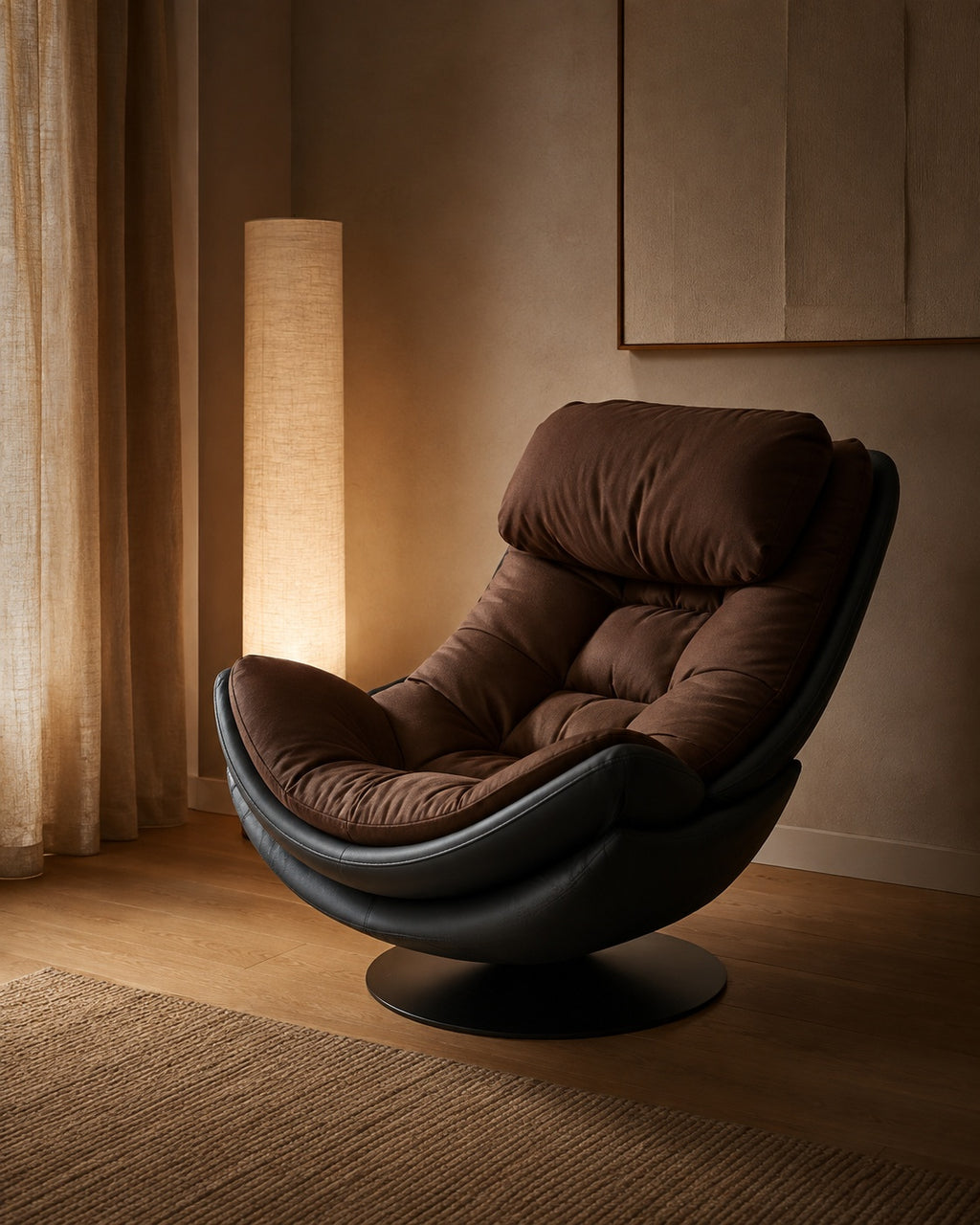 Brown Cocoon Swivel Lounge Chair in a calm evening lounge