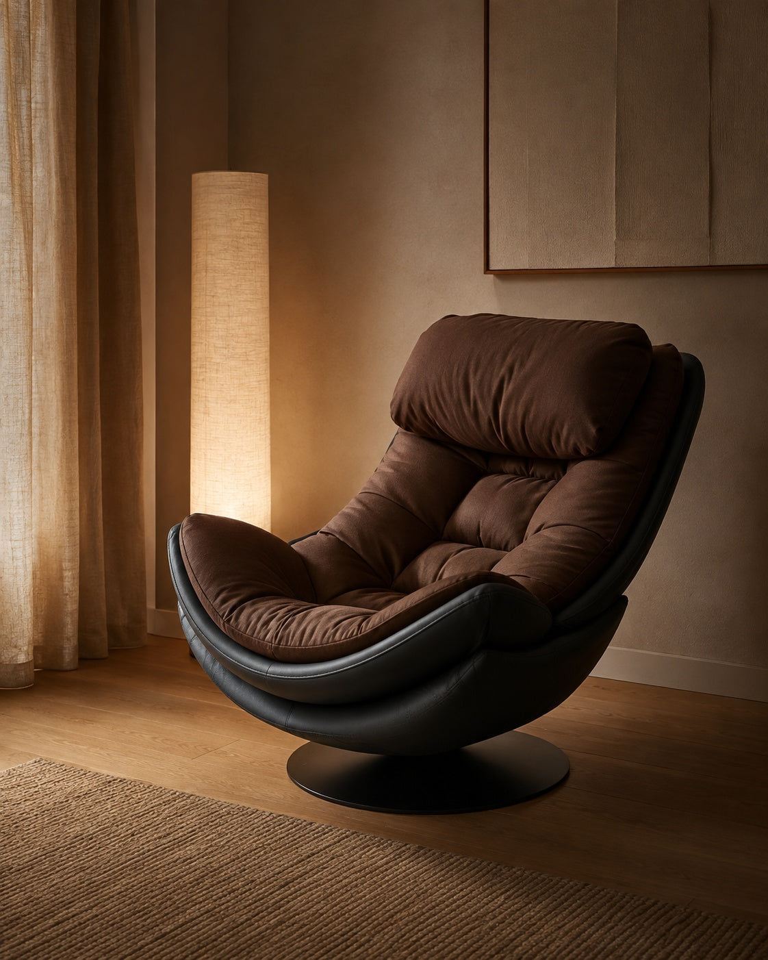 Brown Cocoon Swivel Lounge Chair in a calm evening lounge