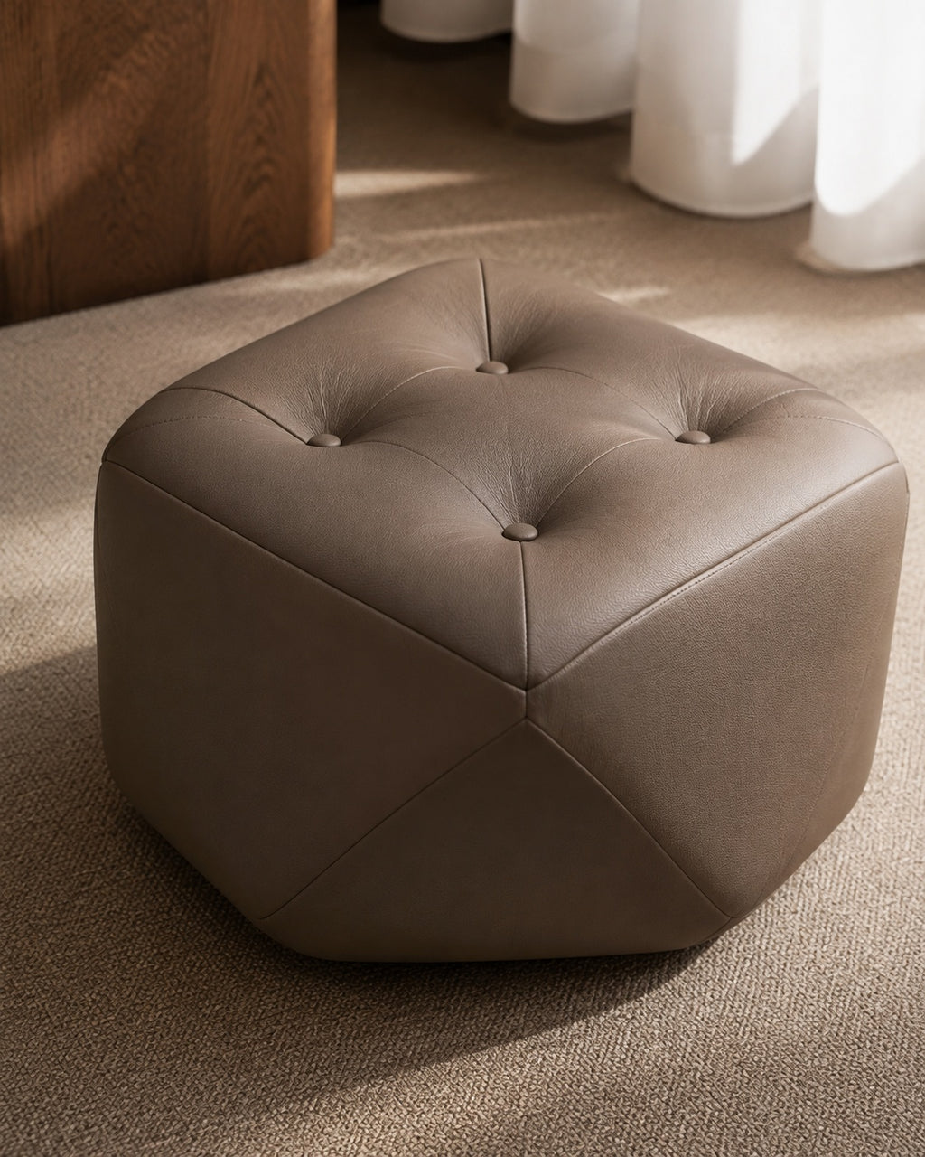 Brown Coffee Four-Button Octagonal Upholstered Stool Material Detail