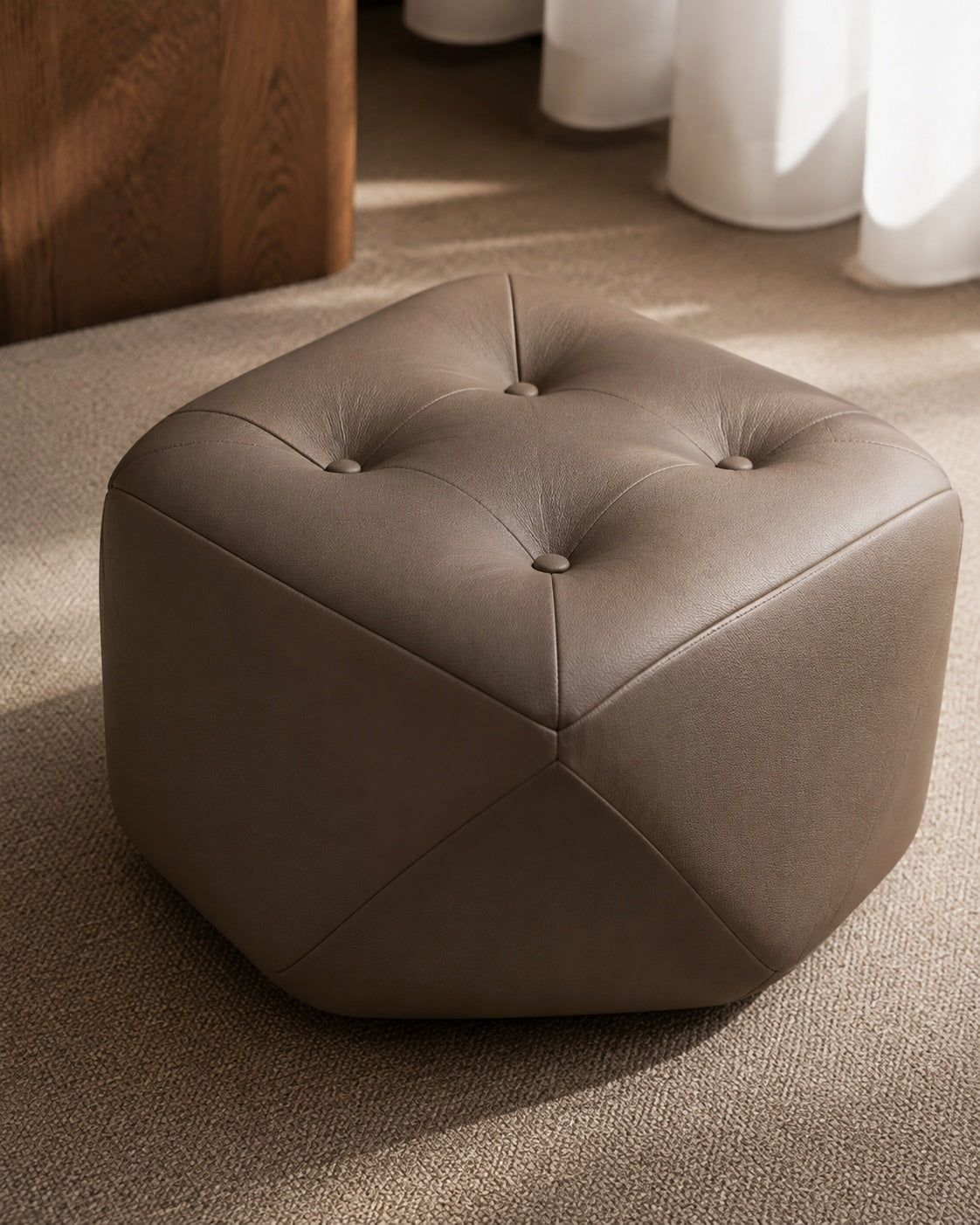 Brown Coffee Four-Button Octagonal Upholstered Stool Material Detail