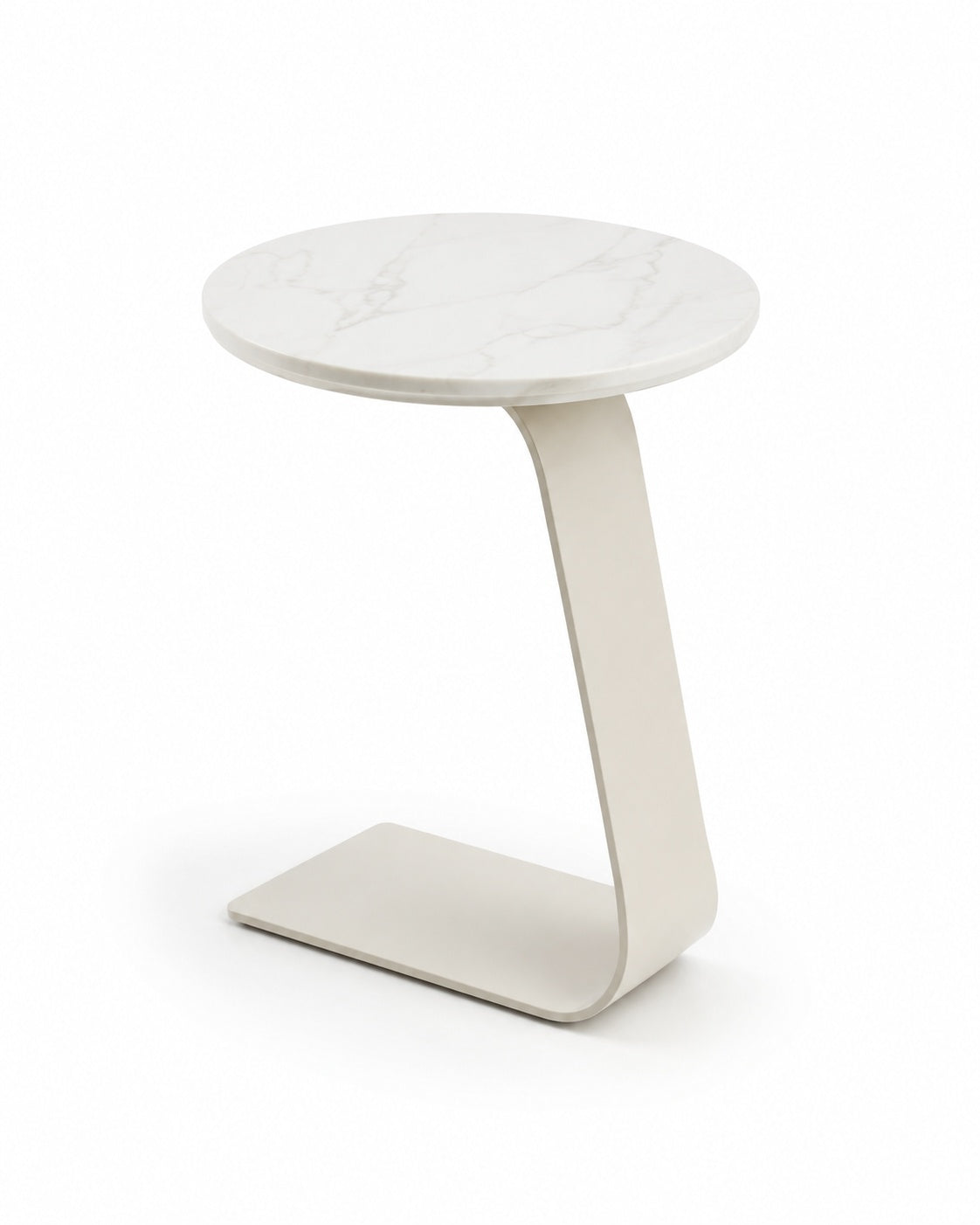 Modern C-Shaped Side Table in Snow White Sintered Stone with Off-White Frame on White Background