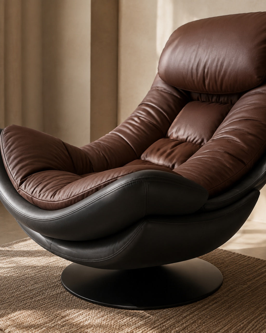 Brown Cocoon Swivel Lounge Chair cushion and swivel base detail