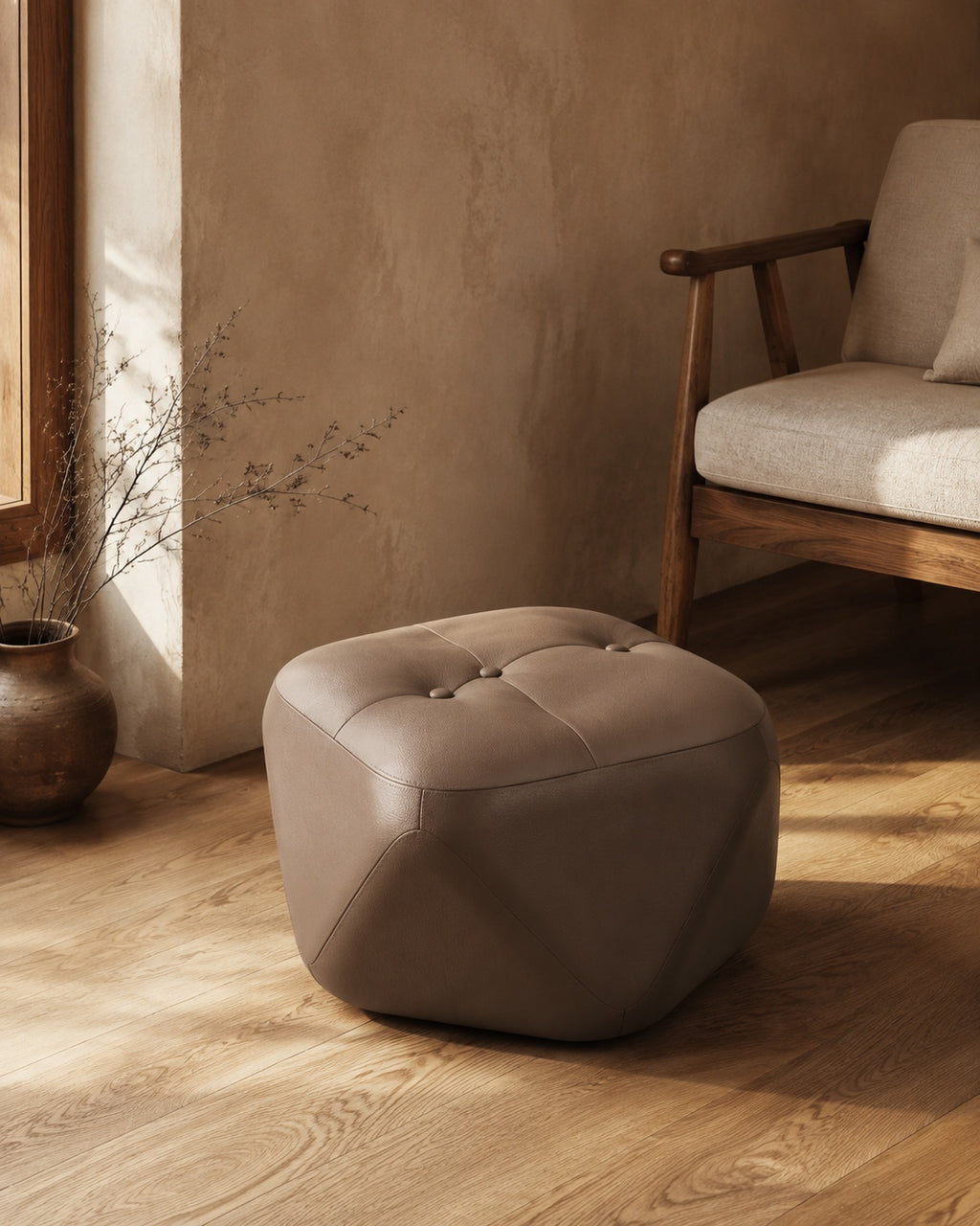 Brown Coffee Four-Button Octagonal Upholstered Stool in a Warm Reading Corner