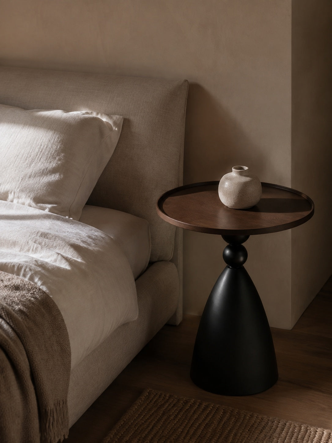 50 cm Recessed Walnut Pedestal Side Table in a Serene Bedroom