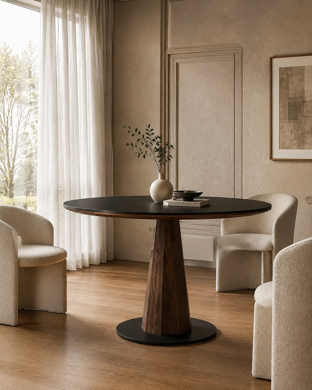 Walnut Sintered Stone Round Dining Table in a warm apartment dining room