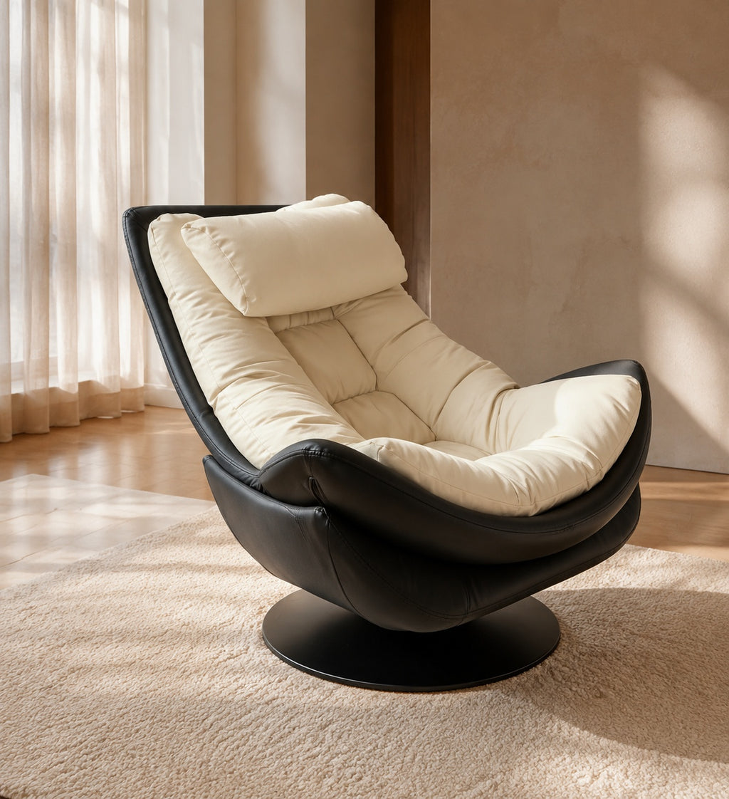 Cream White Cocoon Swivel Lounge Chair in a warm neutral living room