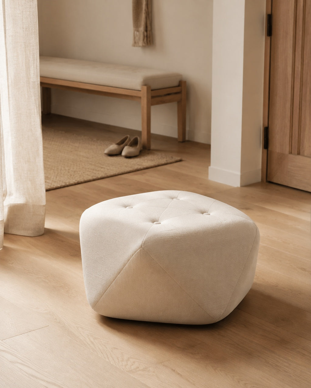 Off-White Four-Button Octagonal Upholstered Stool in a Calm Entryway