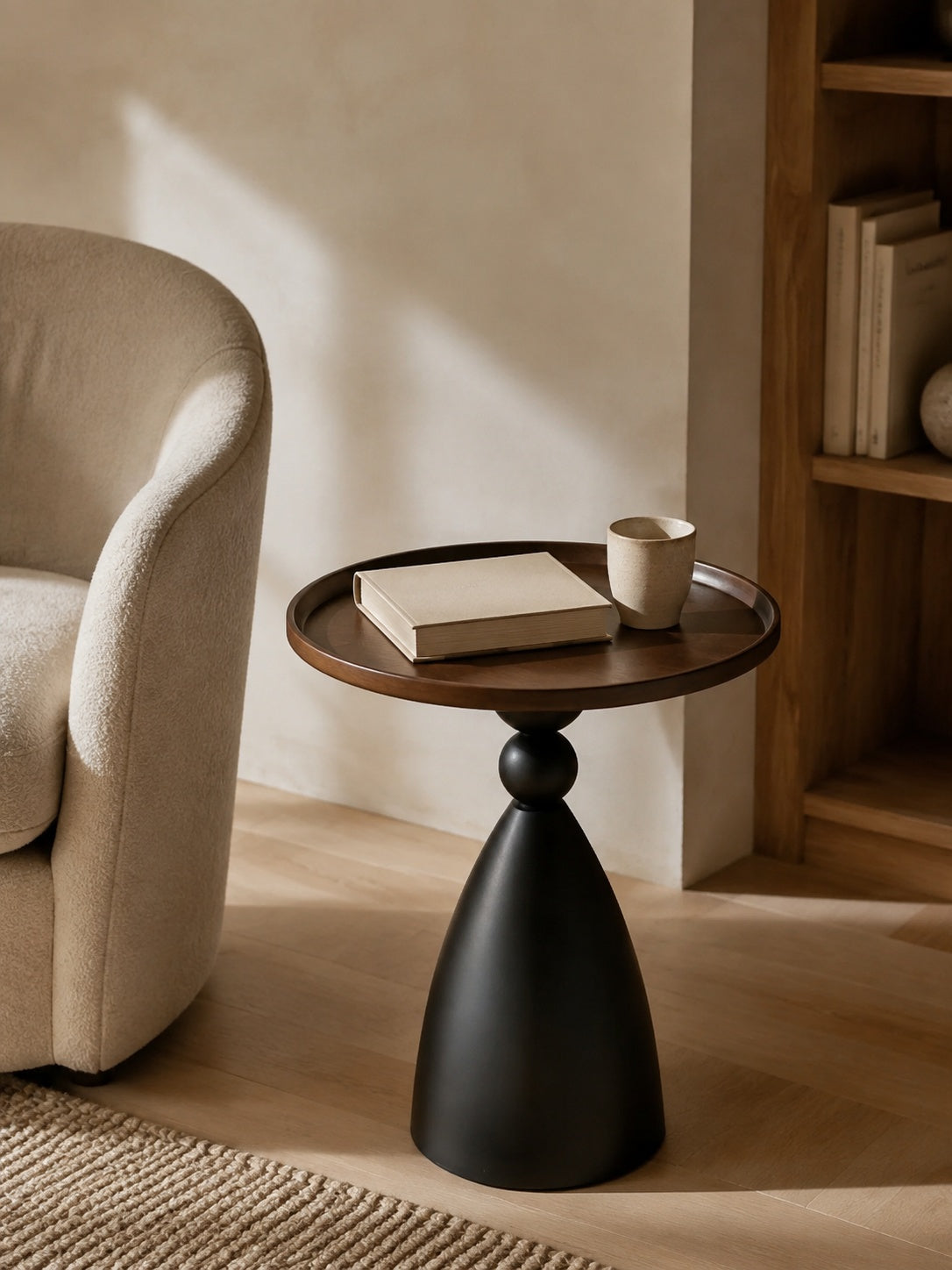 Recessed Walnut Pedestal Side Table in a Reading Corner