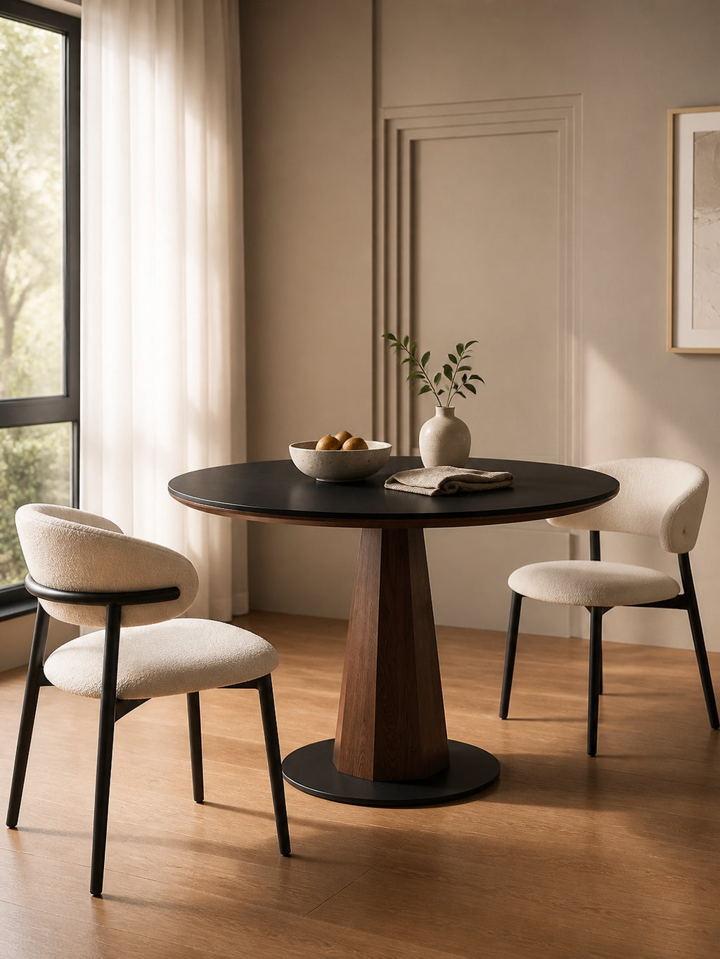 Walnut Sintered Stone Round Dining Table in a sunlit dining nook