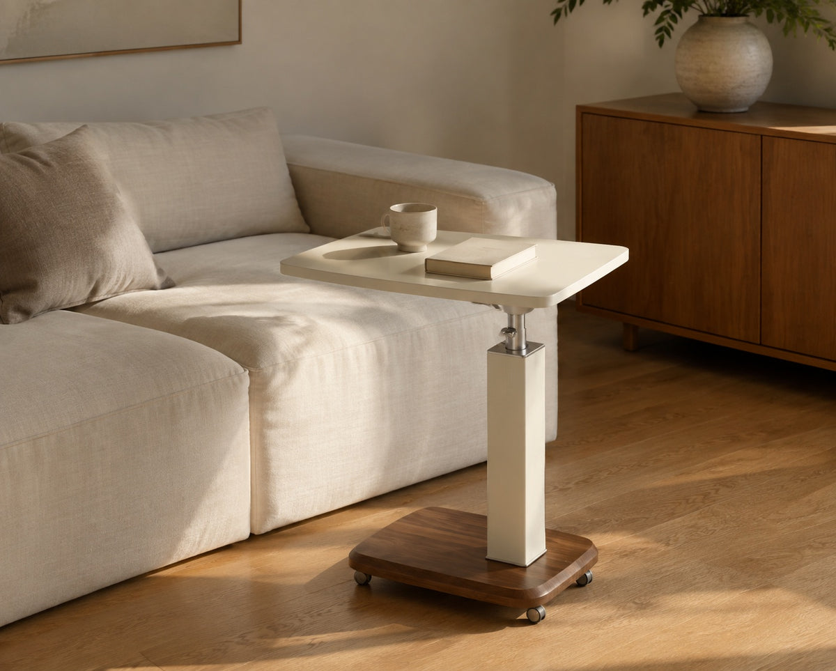 Cream White Adjustable Swivel Bedside Table beside a Linen Sofa