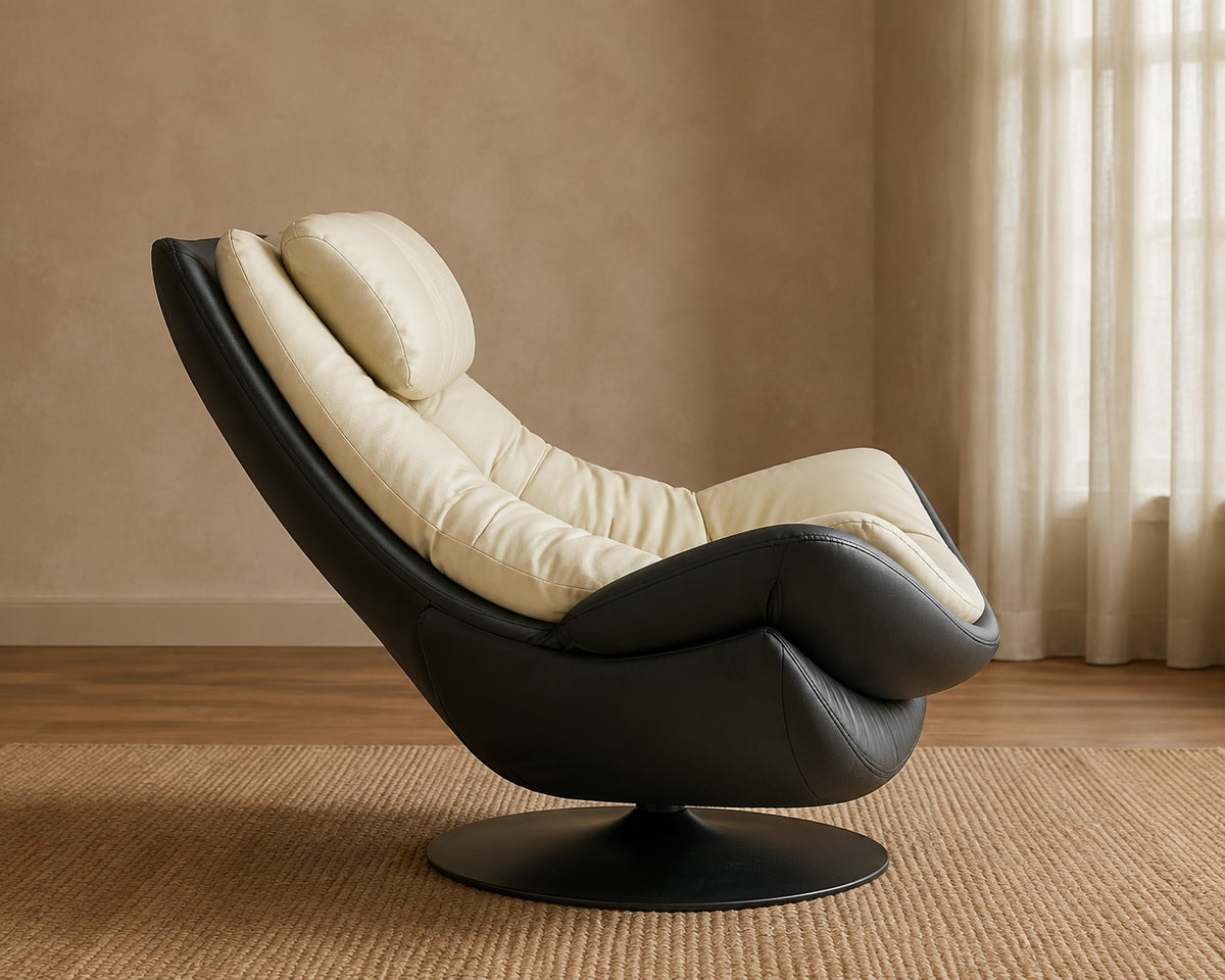 Cream White Cocoon Swivel Lounge Chair side profile and swivel base