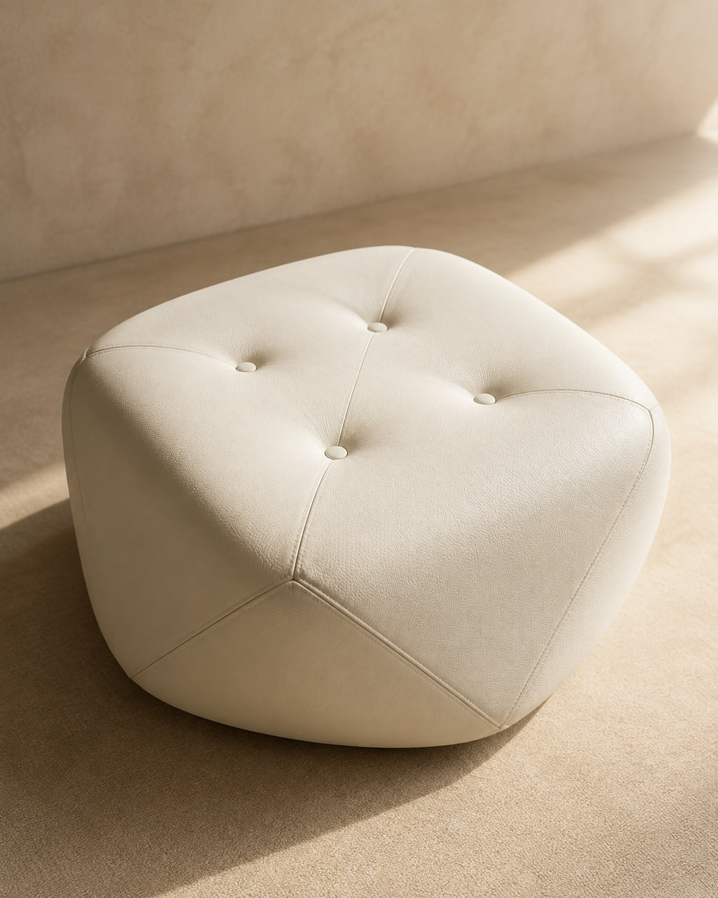 Off-White Four-Button Octagonal Upholstered Stool Top and Seam Detail
