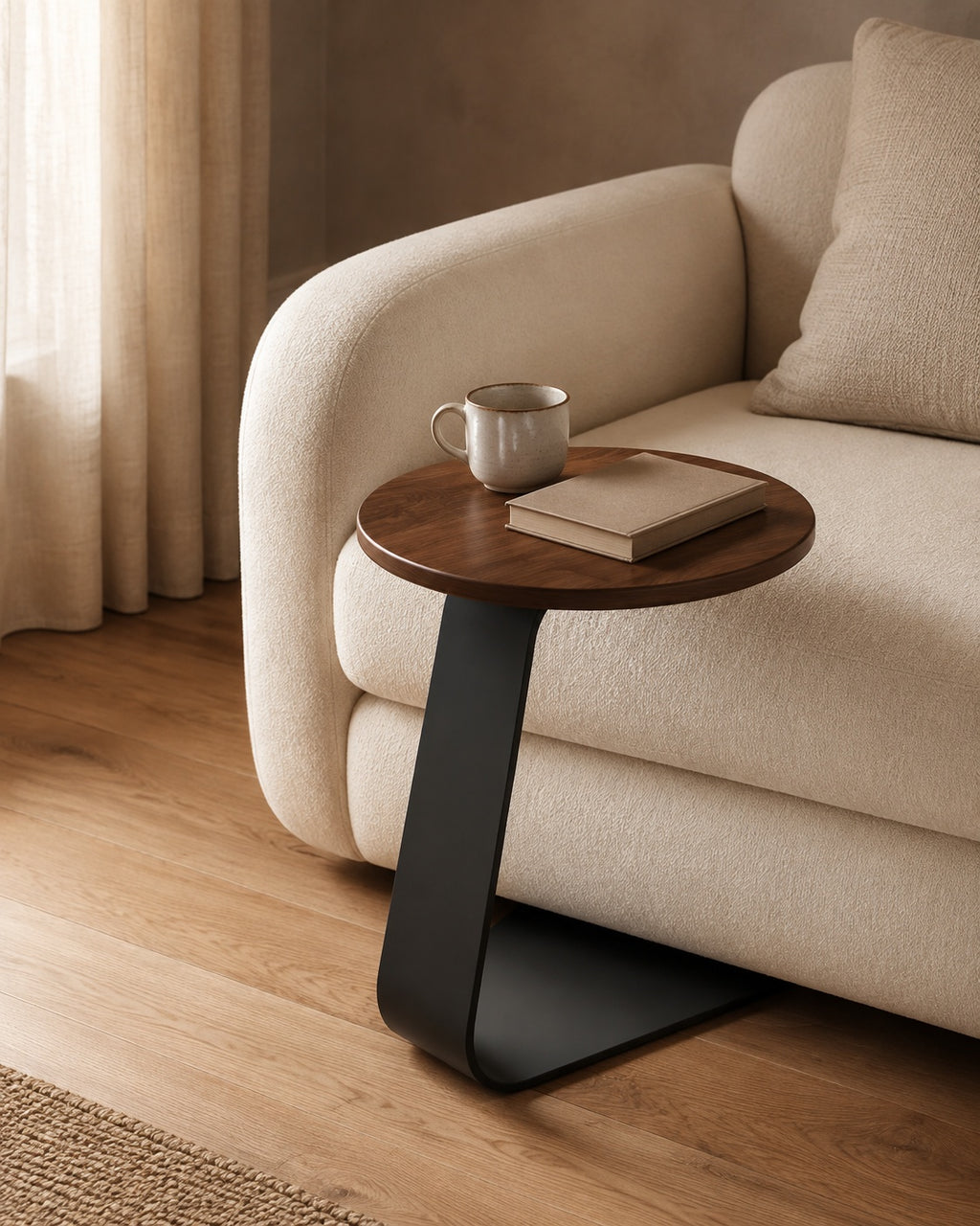 Walnut Wood Modern C-Shaped Side Table beside a sofa