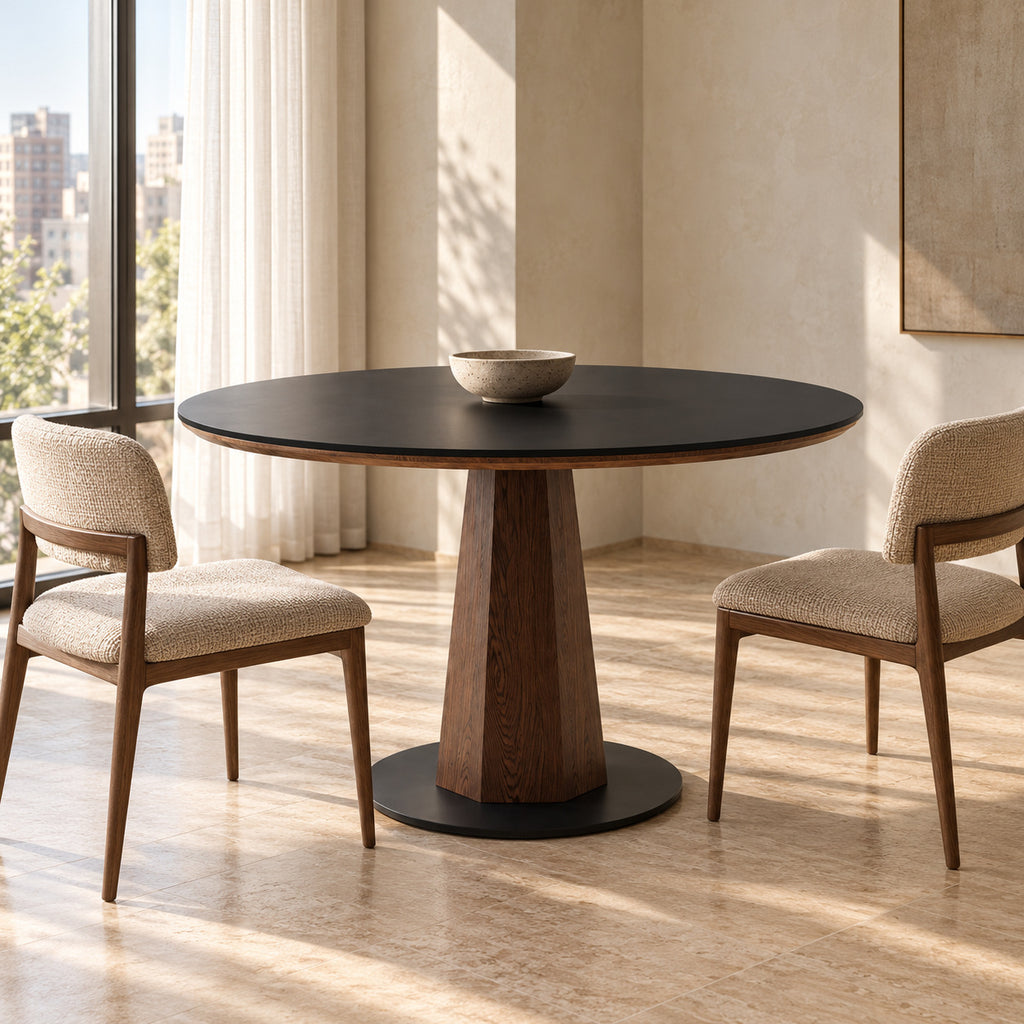Walnut Sintered Stone Round Dining Table in a sunlit city apartment dining room