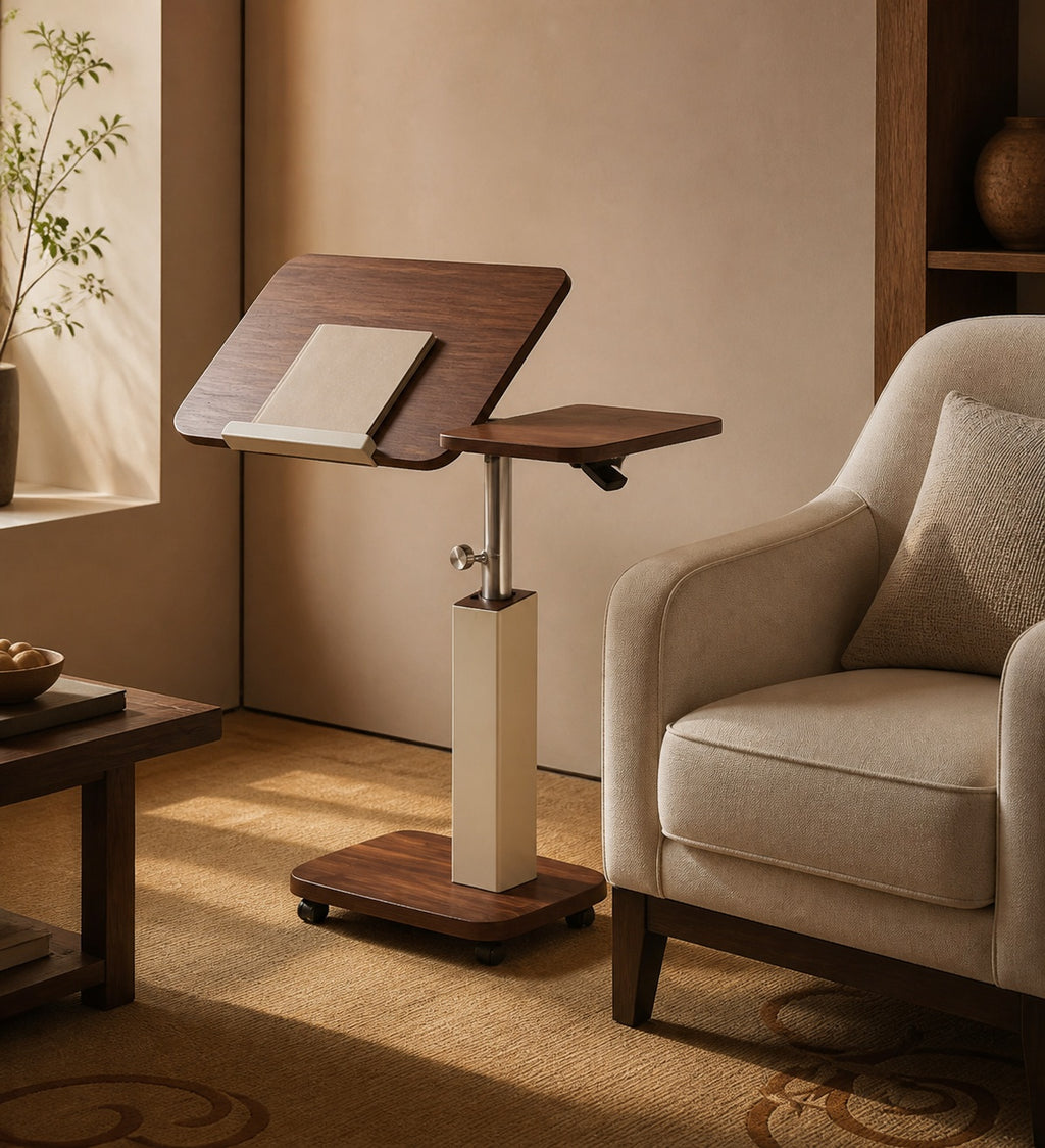 Walnut Flip-Top Adjustable Swivel Bedside Table in a Reading Corner