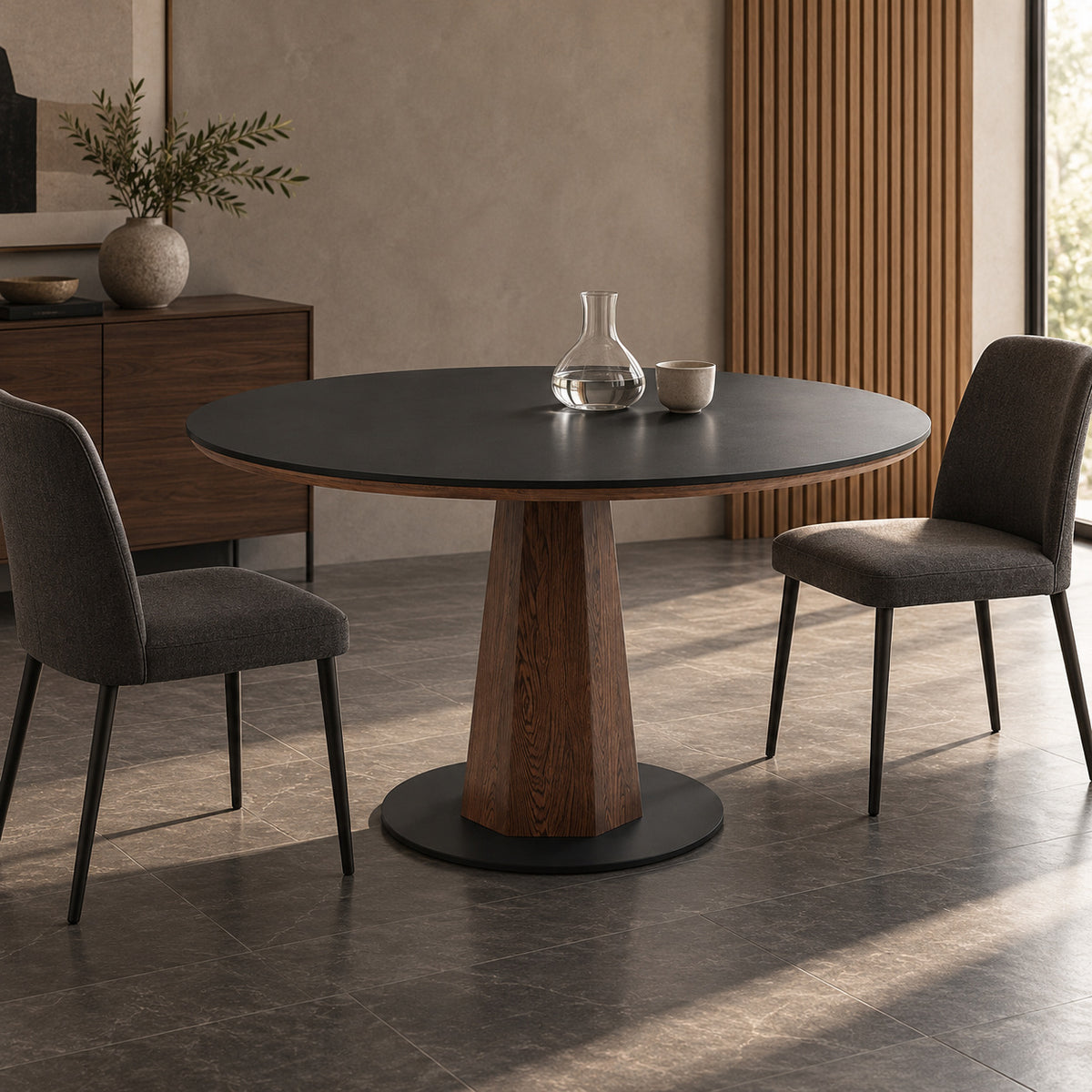 Walnut Sintered Stone Round Dining Table in a contemporary grey dining room