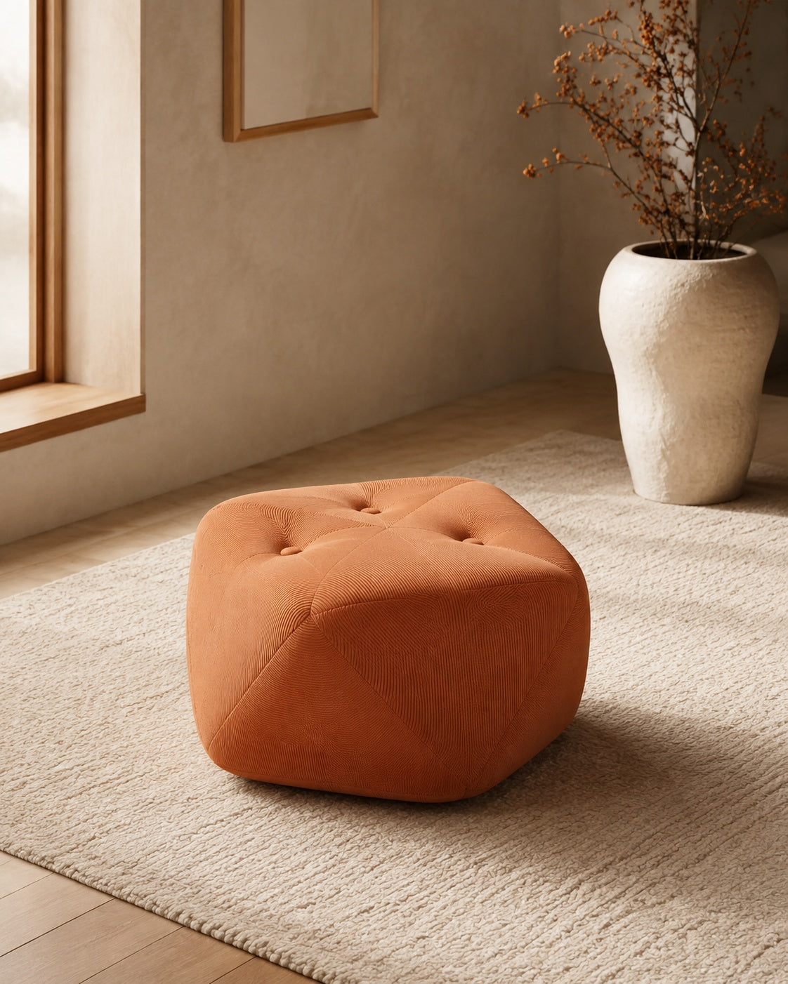 Orange Four-Button Octagonal Upholstered Stool in a Quiet Creative Living Space