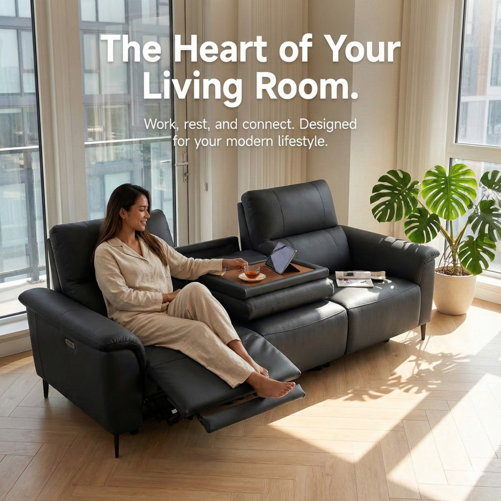 Modern Leather Power Reclining Sofa with Drop-Down Console Table | Home Theater Seating with Zero-Wall Design | Electric Recliner 110°-160° with Cup Holders