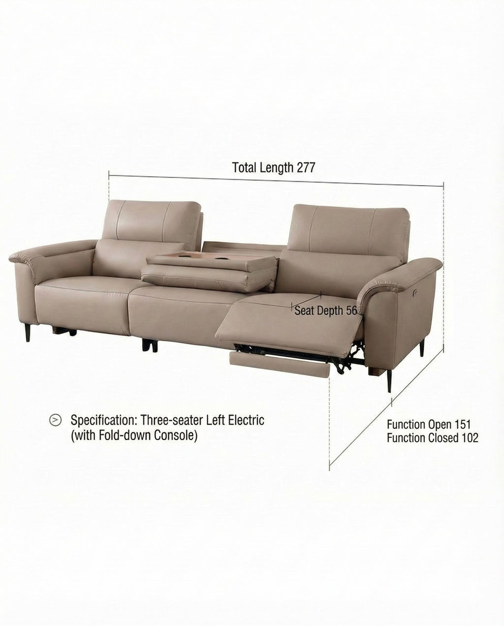 Modern Leather Power Reclining Sofa with Drop-Down Console Table | Home Theater Seating with Zero-Wall Design | Electric Recliner 110°-160° with Cup Holders