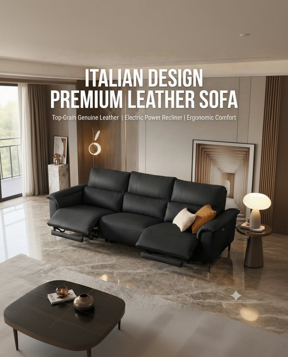 Modern Leather Power Reclining Sofa with Drop-Down Console Table | Home Theater Seating with Zero-Wall Design | Electric Recliner 110°-160° with Cup Holders