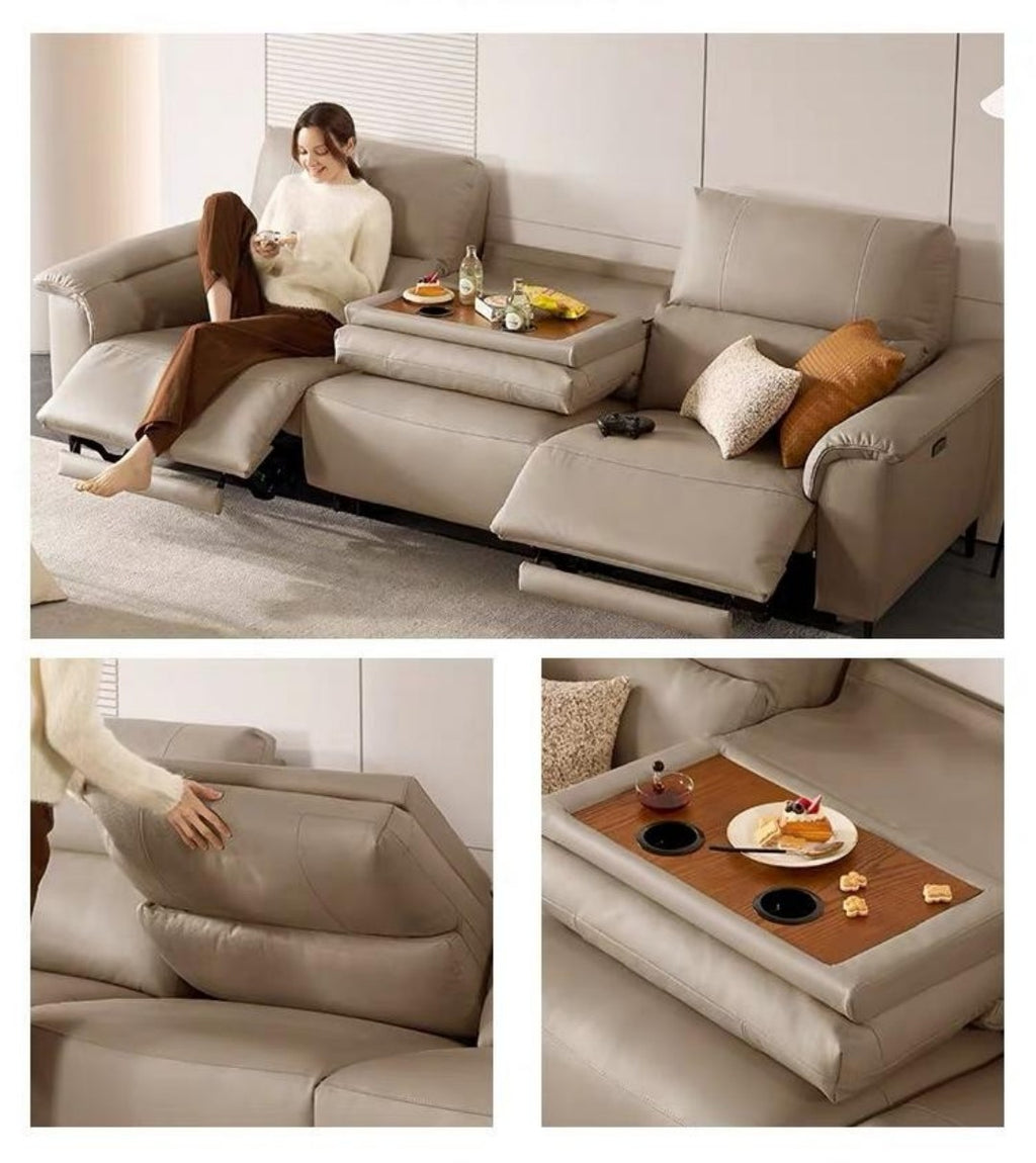 Modern Leather Power Reclining Sofa with Drop-Down Console Table | Home Theater Seating with Zero-Wall Design | Electric Recliner 110°-160° with Cup Holders