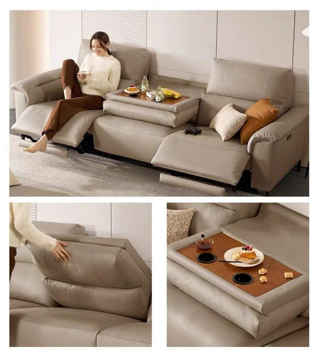 Modern Leather Power Reclining Sofa with Drop-Down Console Table | Home Theater Seating with Zero-Wall Design | Electric Recliner 110°-160° with Cup Holders