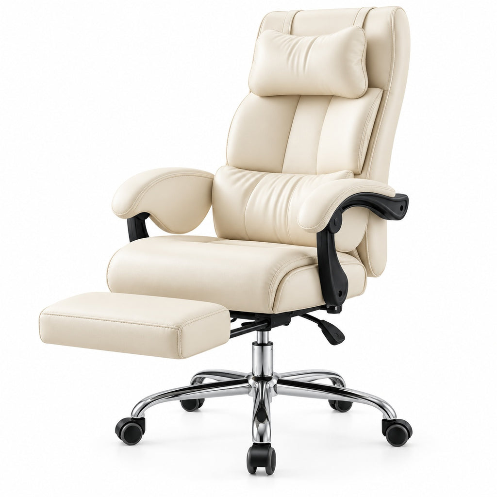 White reclining executive office chair with extended footrest on white background