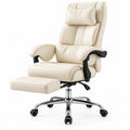 White reclining executive office chair with extended footrest on white background