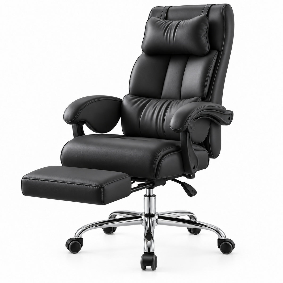 Black reclining executive office chair with extended footrest on white background