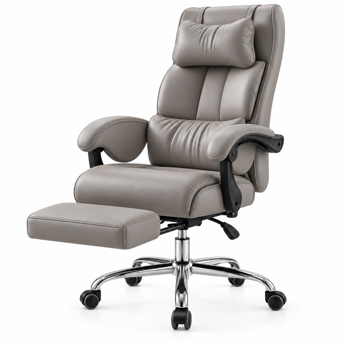 Grey reclining executive office chair with extended footrest on white background