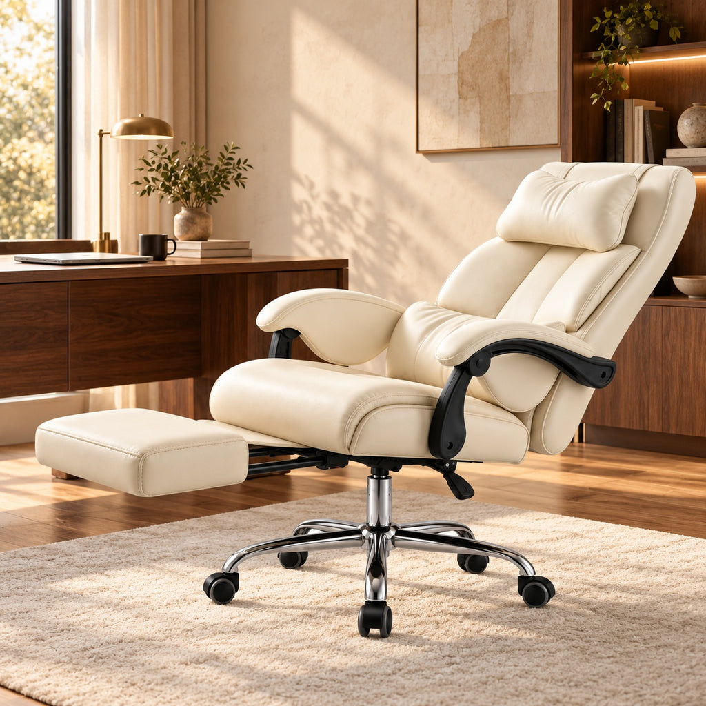White reclining executive office chair at 135 degrees in a warm home office