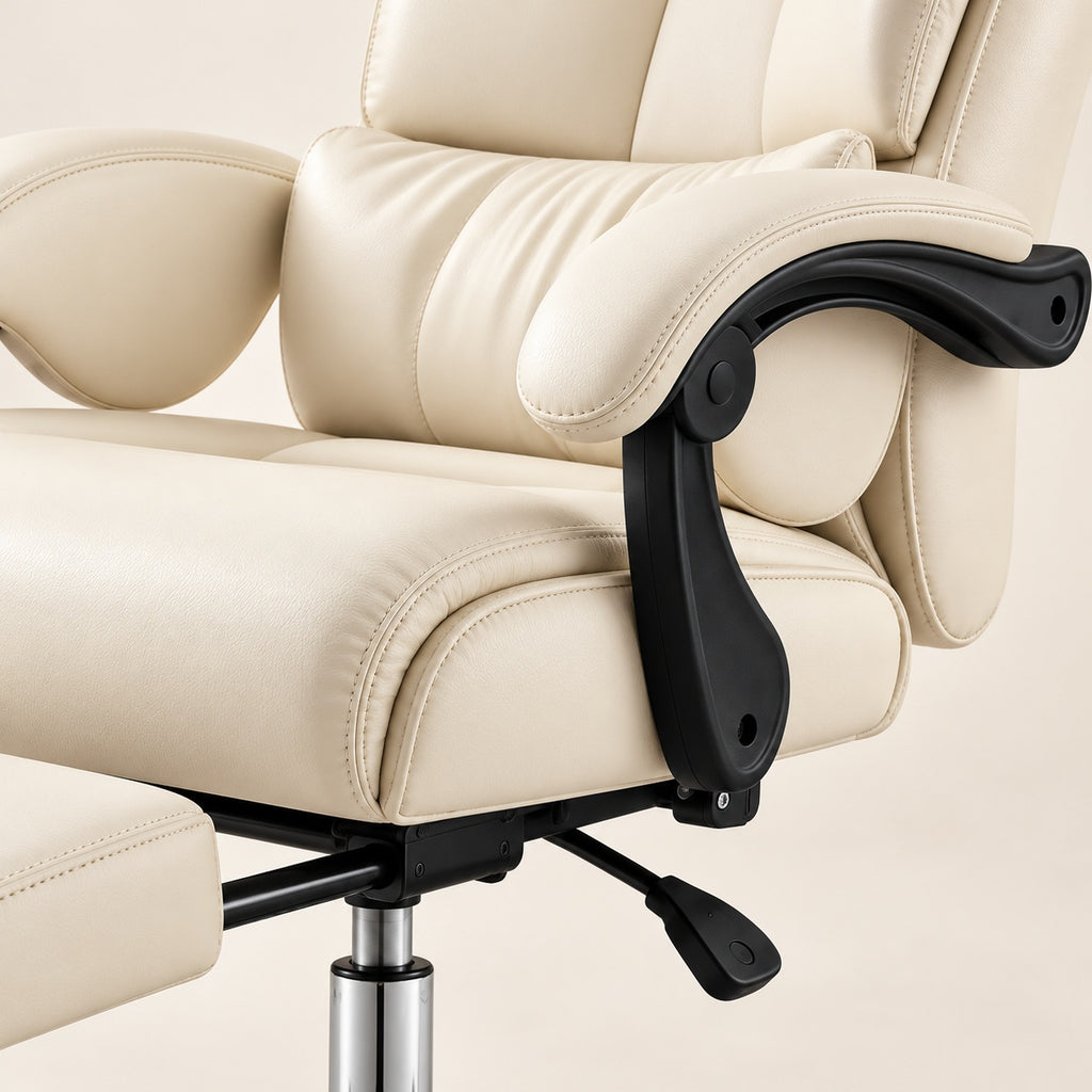 Close-up of the linked armrest mechanism and pull-out footrest construction