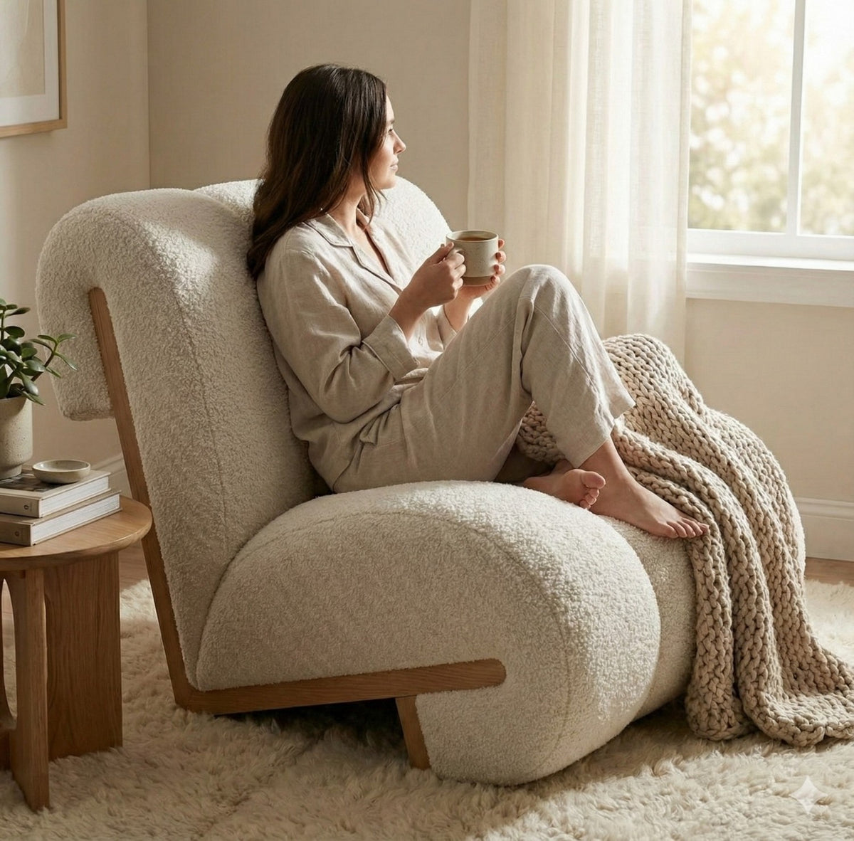 Sculptural Cream Sherpa Lounge Chair