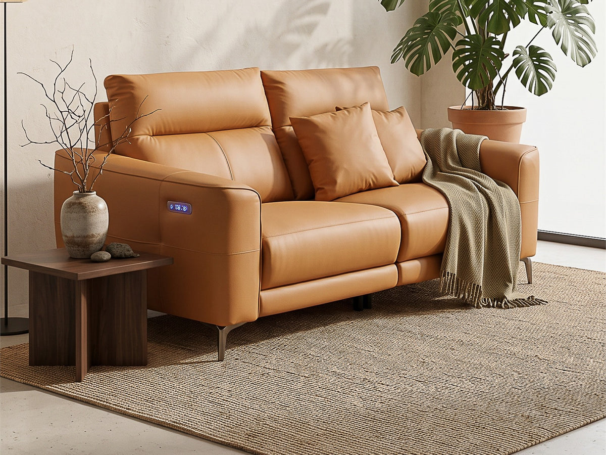 Bronze Evermore double reclining sofa beside a window