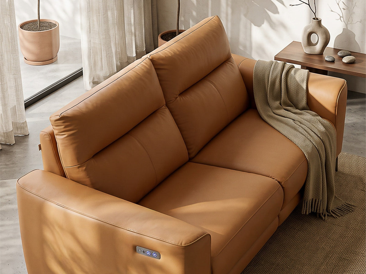 Bronze Evermore reclining sofa in a warm sunlit living room