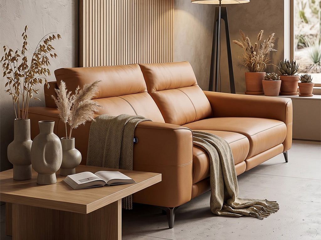 Bronze Evermore reclining sofa in a warm modern interior