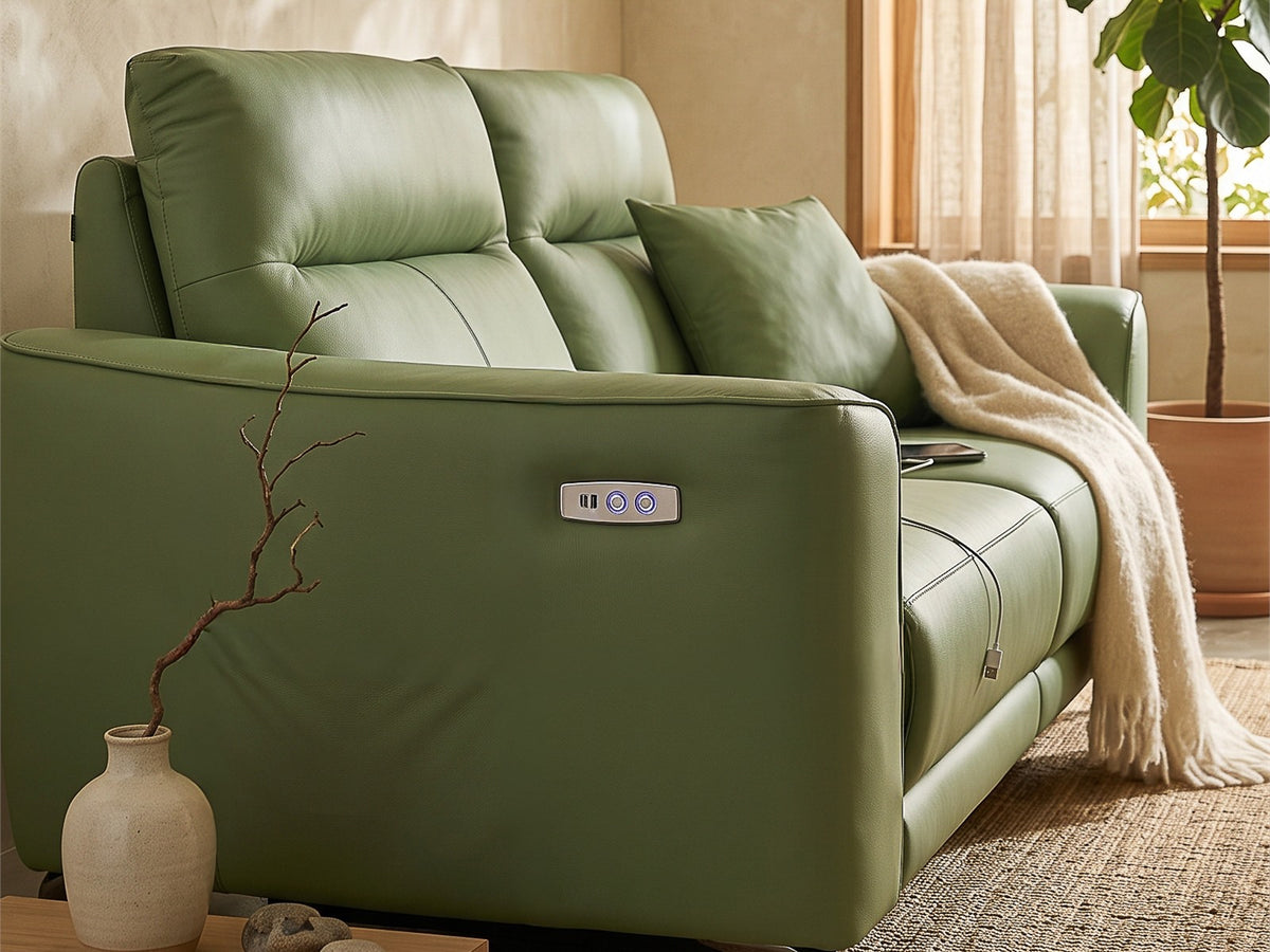 Green Evermore reclining sofa side view with power controls