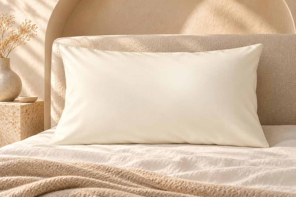 FreshDream PrixVegan Leather Pillowcase in Coconut Milk in a warm neutral bedroom
