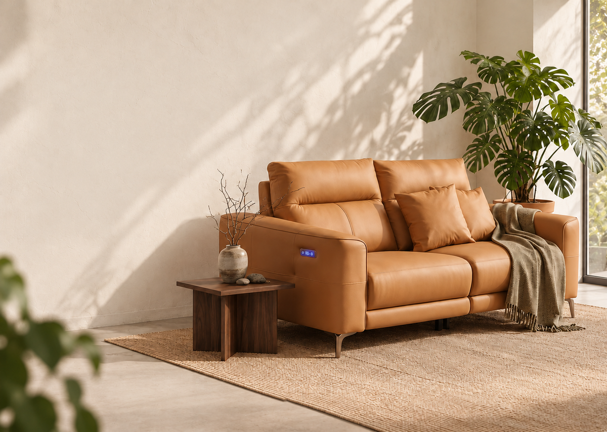 The Evermore two-seat reclining sofa in a warm modern living room