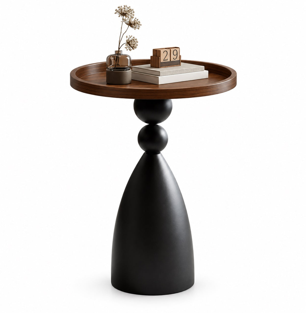 Recessed walnut pedestal side table on pure white background