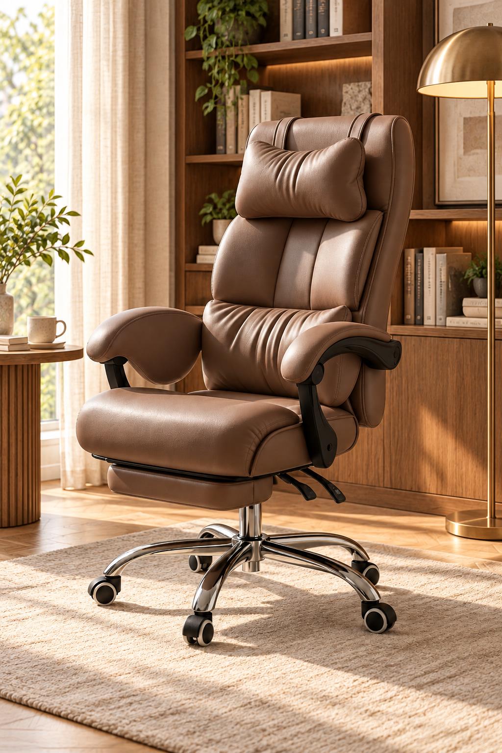 Coffee-brown reclining executive office chair in a warm reading corner with the footrest fully stowed